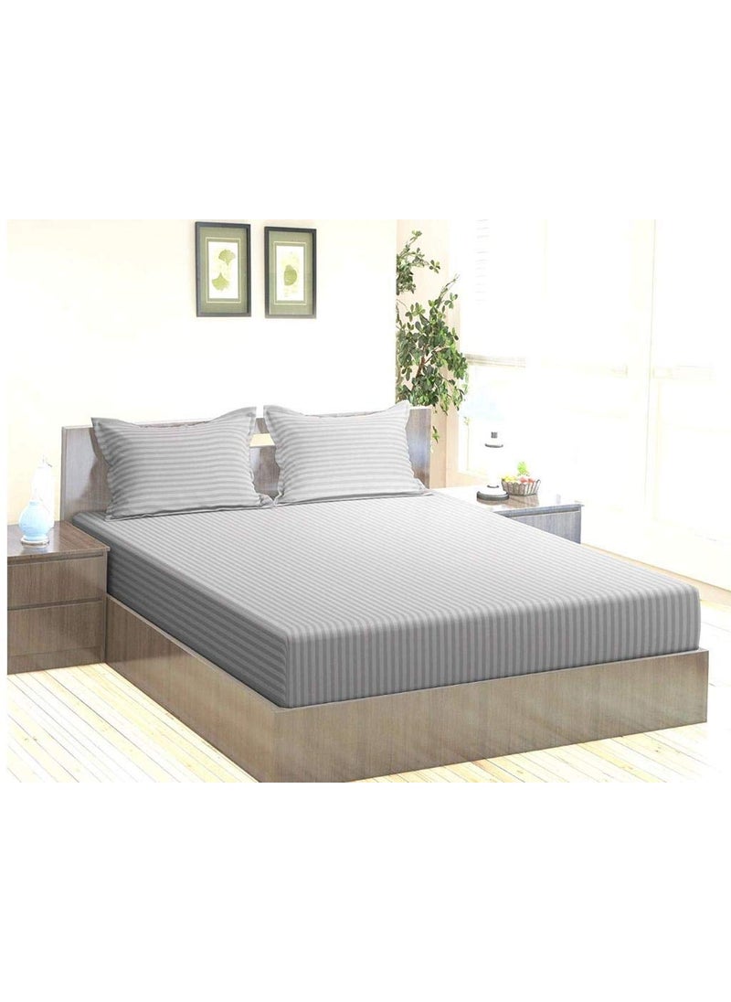 YKC Polycotton Plain Stripe Elastic Fitted Bedsheet with 2 Pillow Covers King Size for Double Bed 72x72x6 Inch Mattress Light Grey