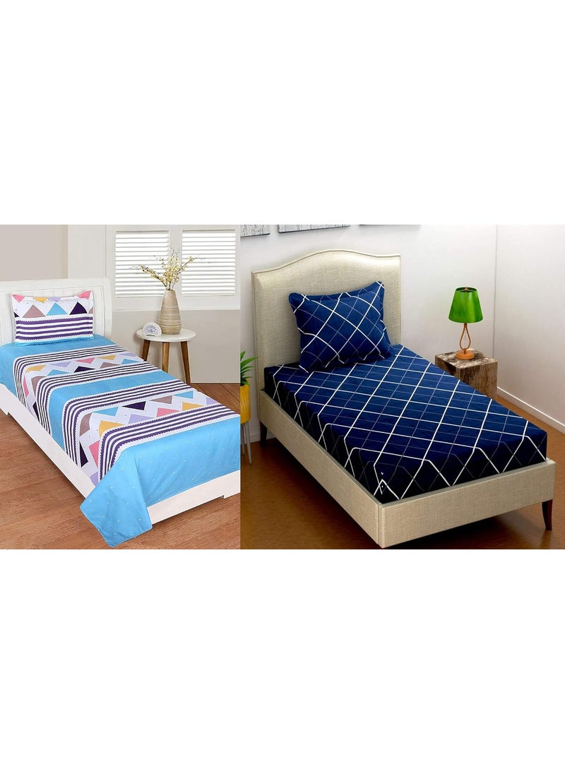 THE HOME STYLE Cotton Feel Glace Cotton Printed Single Bed Bedsheet Combo Pack of 2 Single Bedsheet with 2 Pillow Cover_White Blue Navy Blue Lines