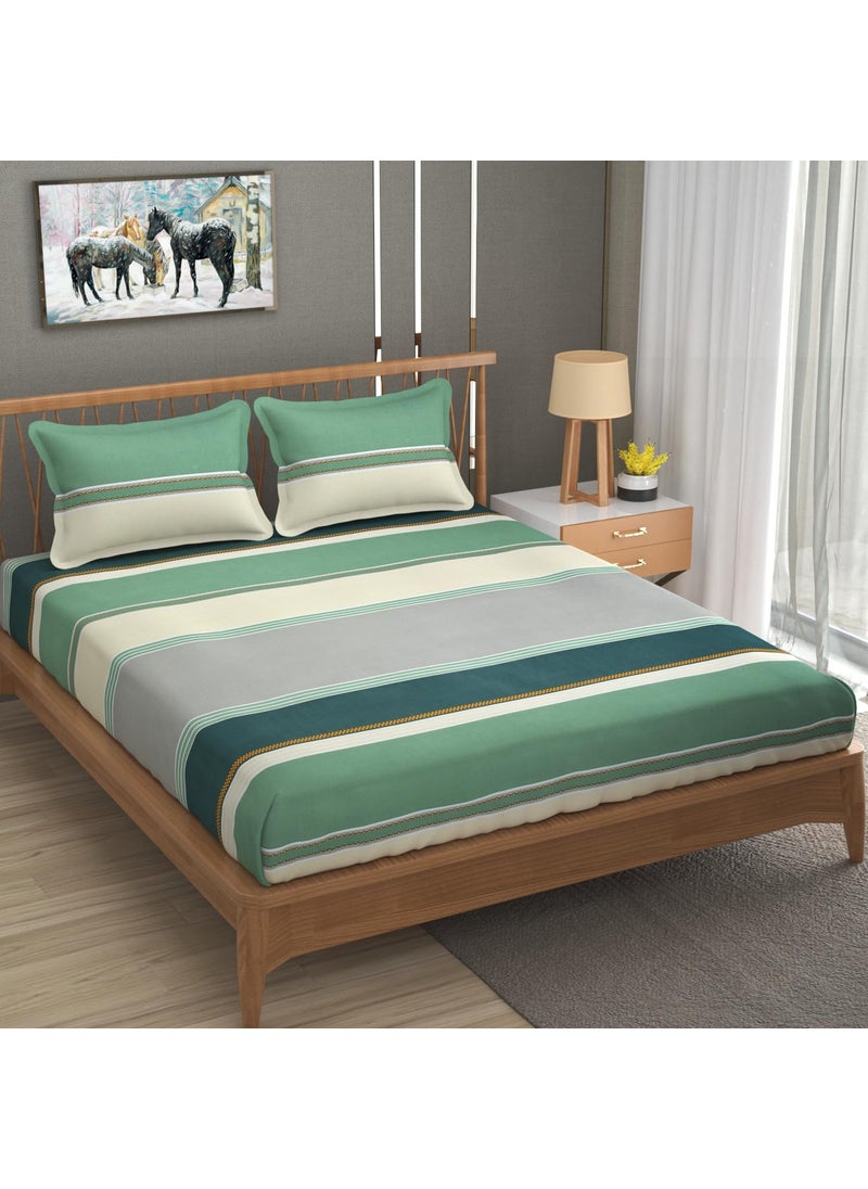RareBird 300 TC Cotton Feel Striped King Size Fitted Bedsheet Set with 2 Pillow Covers in Green Grey and Teal Size 78 x 72