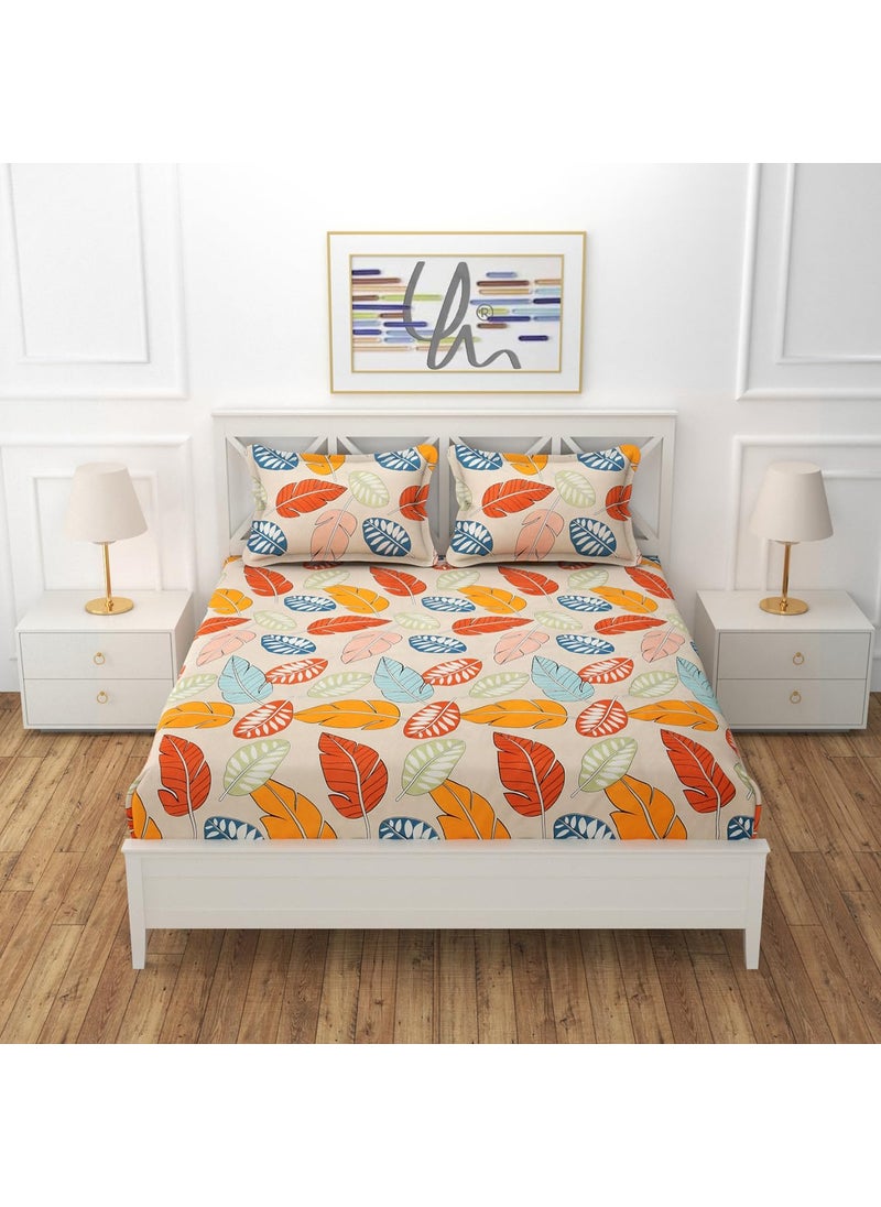 YaAkholic Elastic Fitted Queen Size Bedsheet with 2 Pillow Cover Elastic bedsheets Multi Leafs