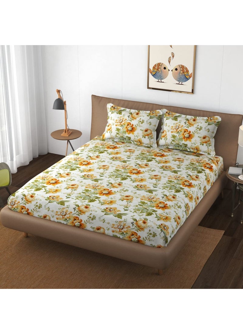 DECOR2ADMIRE 300 Thread Count Glace Cotton Printed Soft Double Bedsheet for Double Bed with Two Pillow Covers for Home 90 x 100 Inches Beige Floral