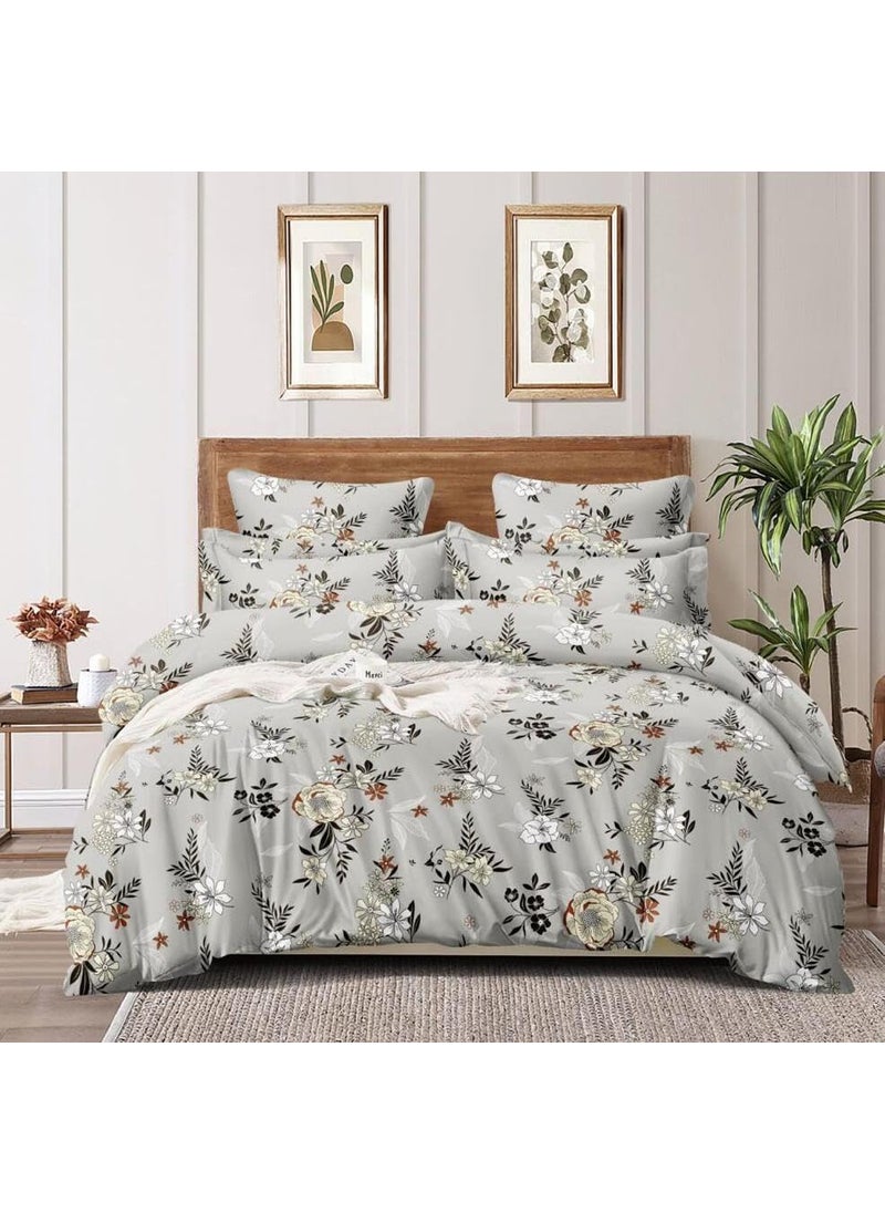 DECOR2ADMIRE 300 Thread Count Premium Cotton Queen Size Printed Double Bedsheet with Two Pillow Covers for Home 90 Inches x 100 Inches Grey Floral H603 300 TC