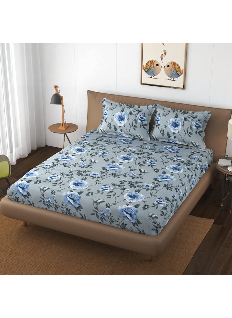 DECOR2ADMIRE 300 Thread Count Glace Cotton Printed Soft Double Bedsheet for Double Bed with Two Pillow Covers for Home 90 x 100 Inches Grey Floral