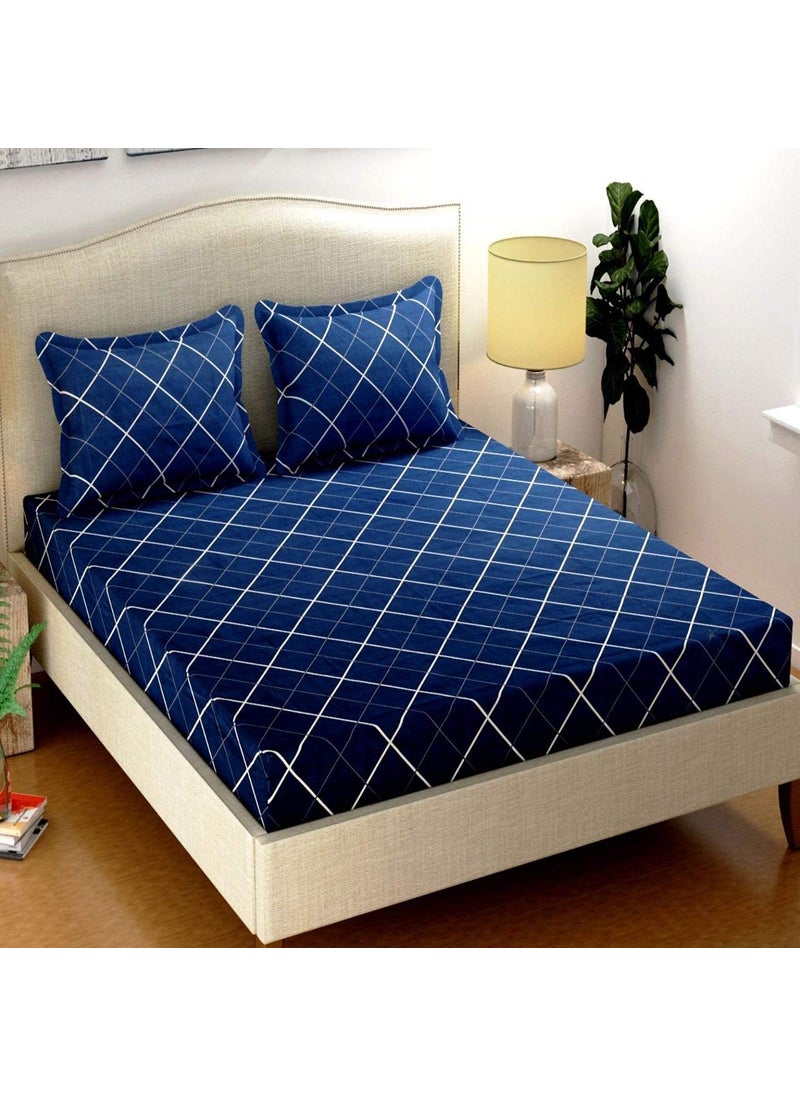 DECOR2ADMIRE 210 TC Microfiber Queen Size Printed All Round Elastic Fitted Double Bedsheet with Two Pillow Covers 72 x 78 x 6Dark Blue Cross