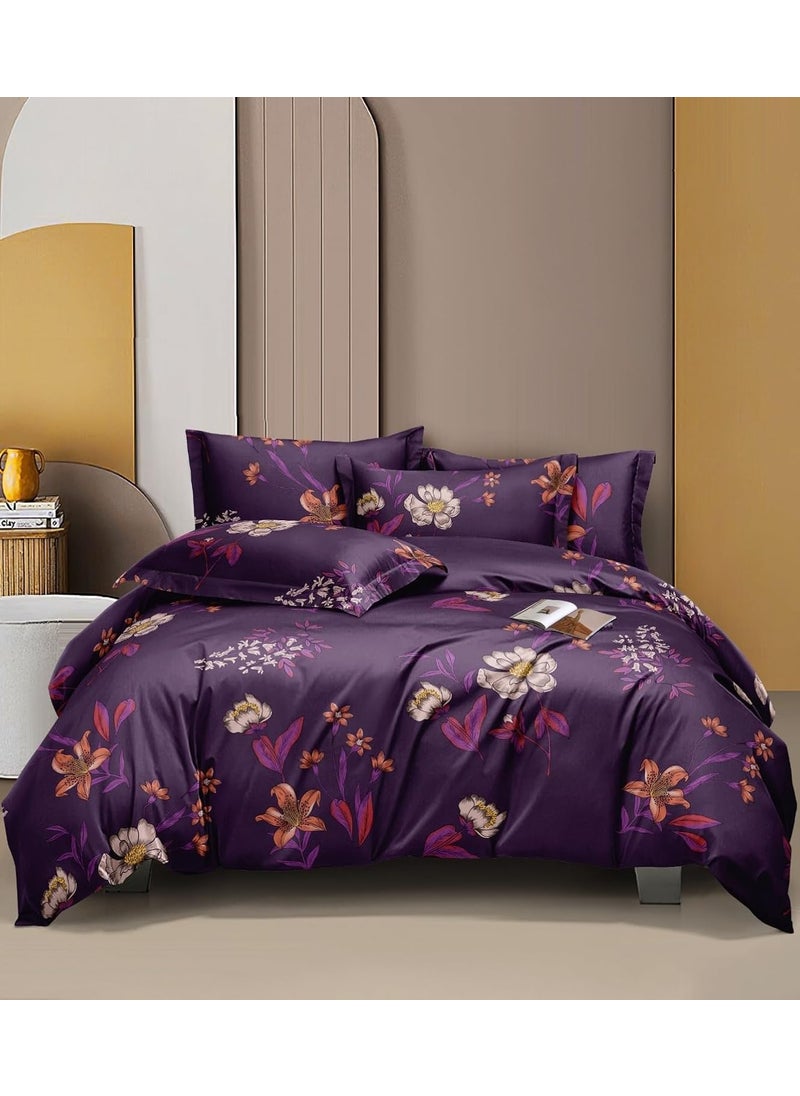 DECOR2ADMIRE 300 TC Soft Glace Cotton Queen Size Abstract Printed Premium Double Bedsheet with Two King Size Pillow Covers for Home 90 x 100 Violet Floral