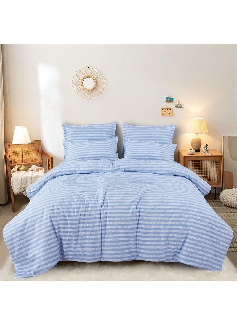 DECOR2ADMIRE 300 Thread Count Cotton Queen Size Printed Double Bedsheet with Two Pillow Covers for Home Blue Stripes 90 x 100 Flat