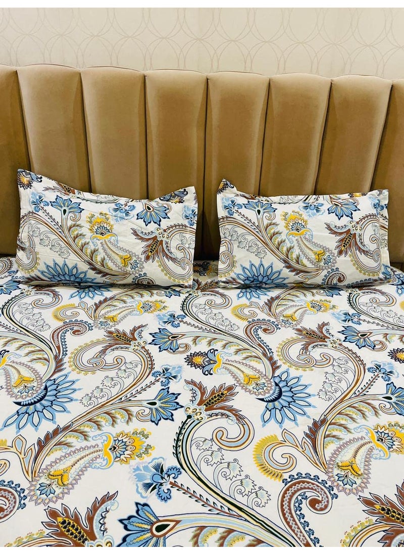 Furnistitchs Elegant Cotton Feel Bedsheets for Double Bed with 2 King Size Pillow Covers Bed Sheets for Bedroom 90x100 inches 230 x 250 cms Double 90 x 100 White Paisley