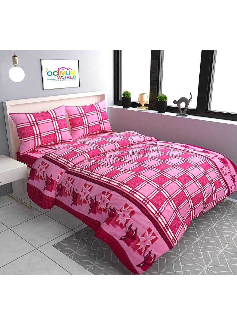 MORADO Woollen Heavy Fleece Warm Checkered Double Bedsheet with Two Pillow Covers with Zipper for Winters 90100 Inches Pink