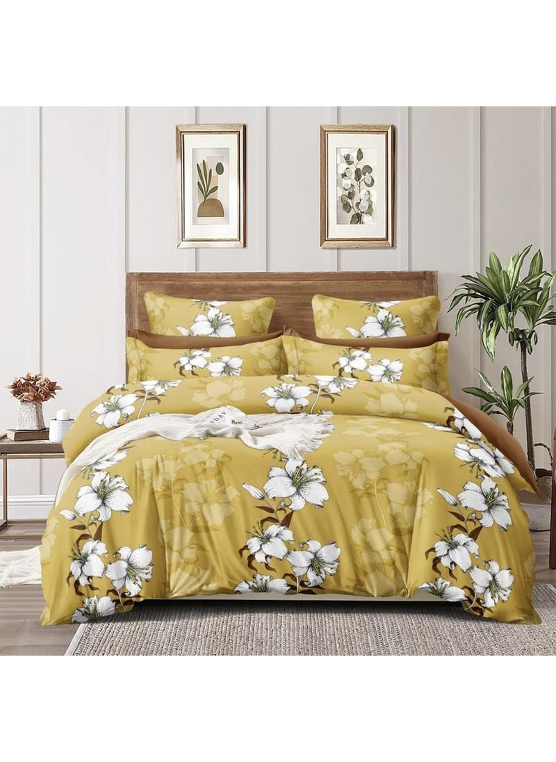 Furnistitchs Glace Cotton Double Bed Bedsheets with 2 Pillow Covers King Size Bedsheets 90x100 inches Mustard Lillies