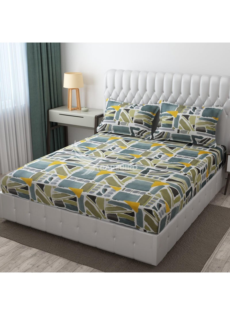 RAREBIRD Cotton Feel Glace Cotton Elastic Fitted Printed King Size Double Bed Bedsheet with 2 Pillow Coverm Fits Upto 8 inches MattressSize 72x78x10 Inches