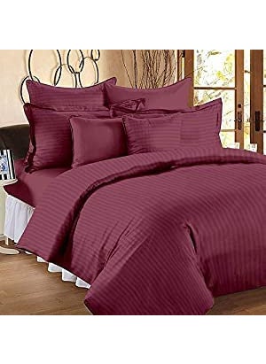 YUKU 210 TC Glace Cotton Plain Stripe Queen Size Double Bedsheet with 2 Pillow Cover for Home Hotel Guest Room 90 X 100 Inch Wine