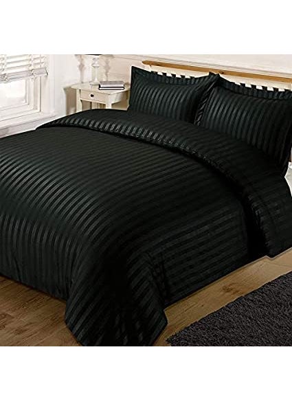 YUKU 210 TC Glace Cotton Plain Stripe Queen Size Double Bedsheet with 2 Pillow Cover 90 X 100 Inch Black