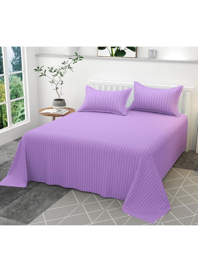 YUKU 210 TC Glace Cotton Satin Stripes Plain Bedsheet for Double Bed King Size with Two Pillow Covers
