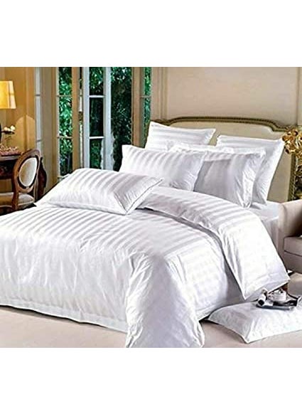 YUKU 210 TC Glace Cotton Plain Stripe Queen Size Double Bedsheet with 2 Pillow Cover for Home Hotel Guest Room 90 X 100 Inch White