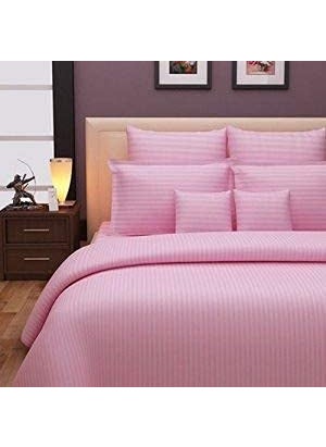 YUKU 210 TC Glace Cotton Plain Stripe Queen Size Double Bedsheet with 2 Pillow Cover for Home Hotel Guest Room 90 X 100 Inch Pink