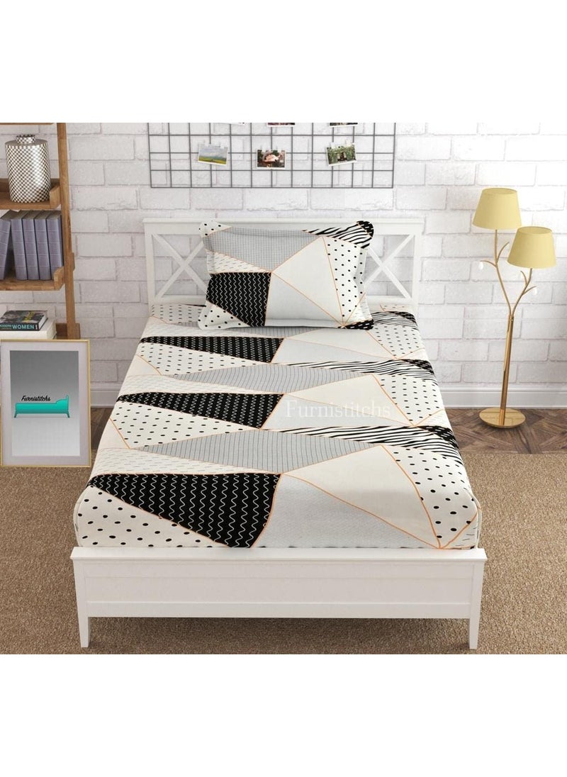 Furnistitchs Premium Glace Cotton Elastic Bedsheet Single Bed with 1 Pillow Cover Single Fitted Bedsheet with Elastic 36x78 Single 36x78 Black White