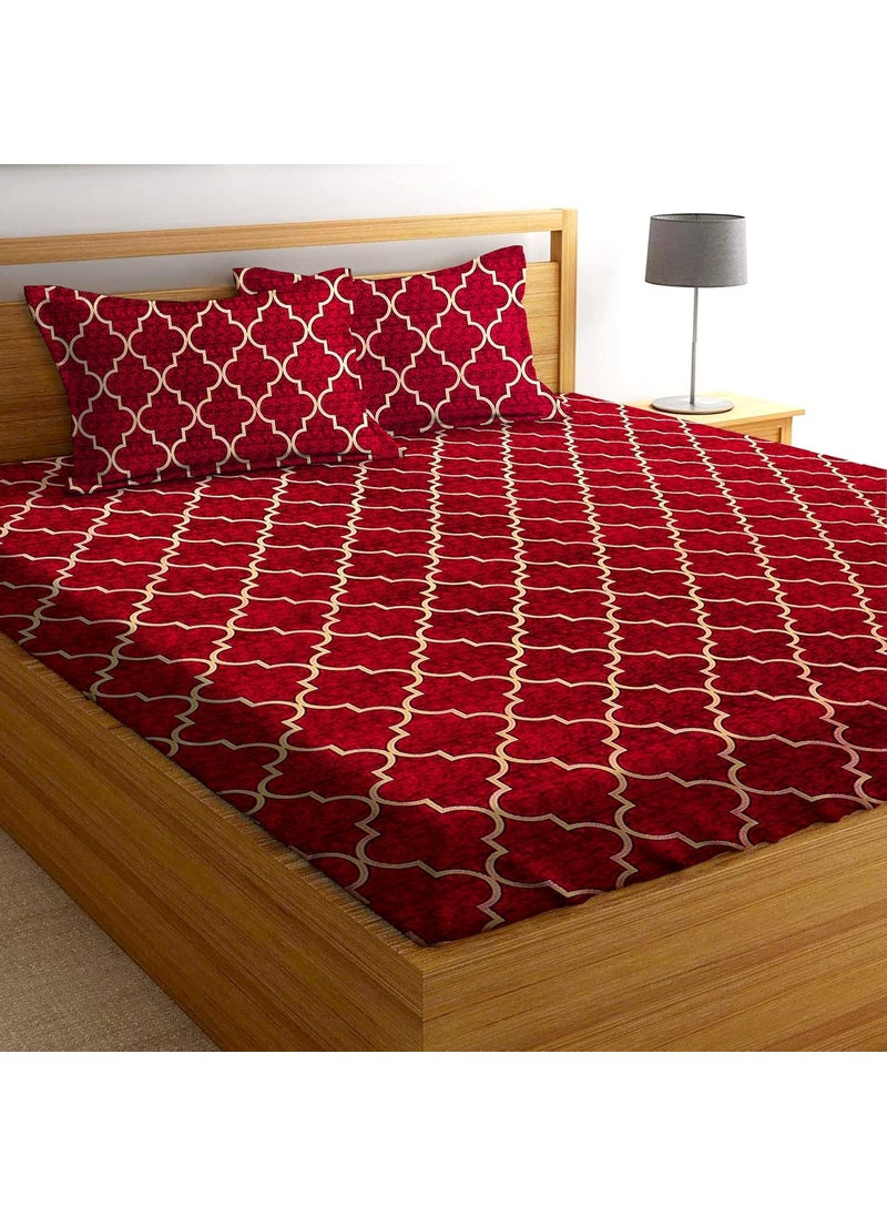 AEROHAVEN 180TC Glace Cotton Moroccan Fitted Double Queen Bedsheet with 2 King Size Pillow Covers 72 x 78 GCB02 Red