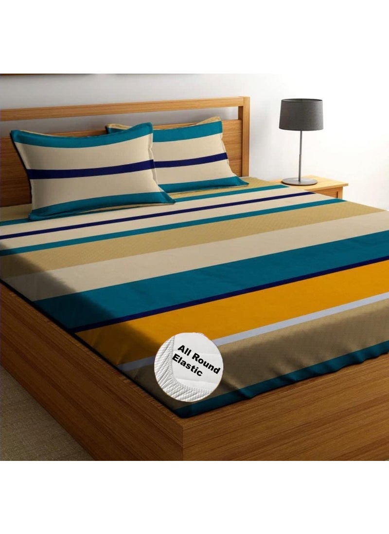 YaAkholic Hypoallergenic King Size Striped Print Microfiber Fitted Bedsheet Set 240 TC Includes 2 Pillow Covers Size 78 x 72 Inches Fits up to 68 Inch Yellow King 78 x 72