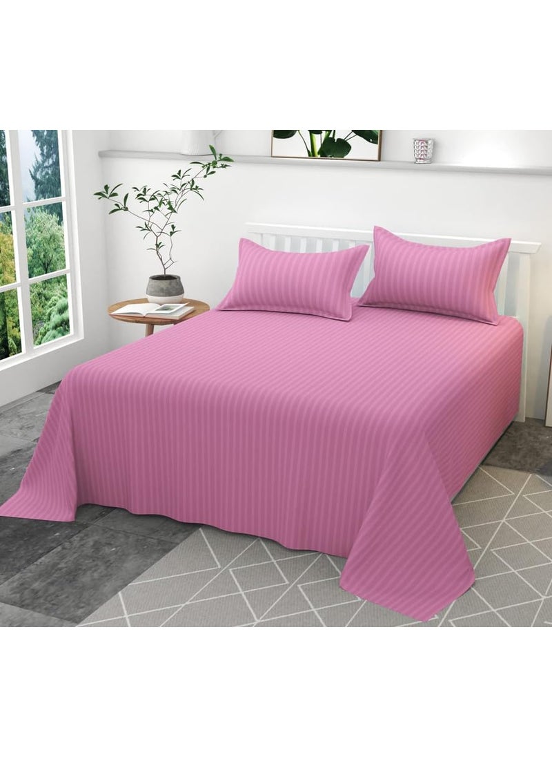YUKU 210 TC Glace Cotton Satin Stripes Plain Bedsheet for Double Bed King Size with Two Pillow Covers