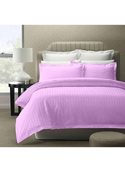 YUKU 210 TC Glace Cotton Plain Stripe Queen Size Double Bedsheet with 2 Pillow Cover 90 X 100 Inch Purple