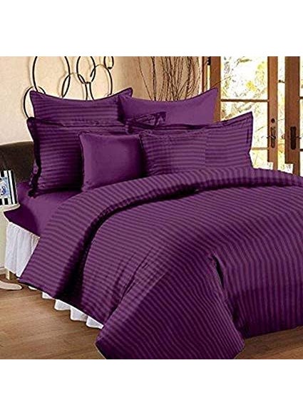YUKU 210 TC Glace Cotton Plain Stripe Queen Size Double Bedsheet with 2 Pillow Cover for Home Hotel Guest Room 90 X 100 Inch Voilet