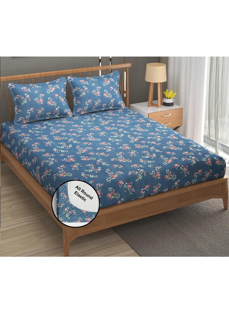 FRESH FROM LOOM Anti Fade Floral Print 240 TC Microfiber King Size Fitted Bedsheet with 2 Pillow Covers Size 78 x 72 Inches Fits up to 10 Inch GreyishBlue