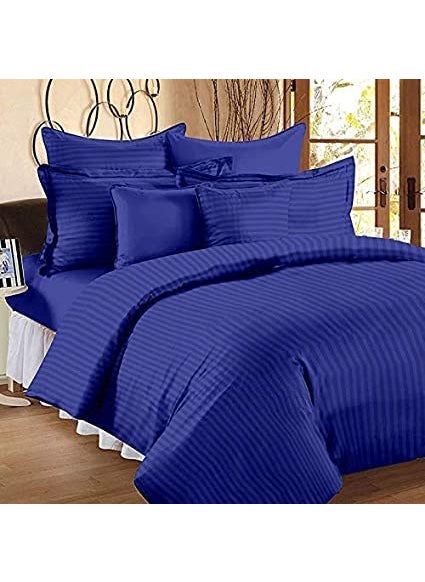 YUKU 210 TC Glace Cotton Plain Stripe Queen Size Double Bedsheet with 2 Pillow Cover for Home Hotel Guest Room 90 X 100 Inch Blue