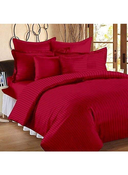 YUKU 210 TC Glace Cotton Satin Stripes Plain Bedsheet for Double Bed King Size with Two Pillow Covers for HomeHotelsGuest HouseRed