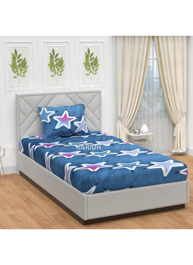 KARIDH Home Pure Cotton Printed Single Fitted Bedsheet with 1 Pillow CoverSize 36 x 72 Inches Star