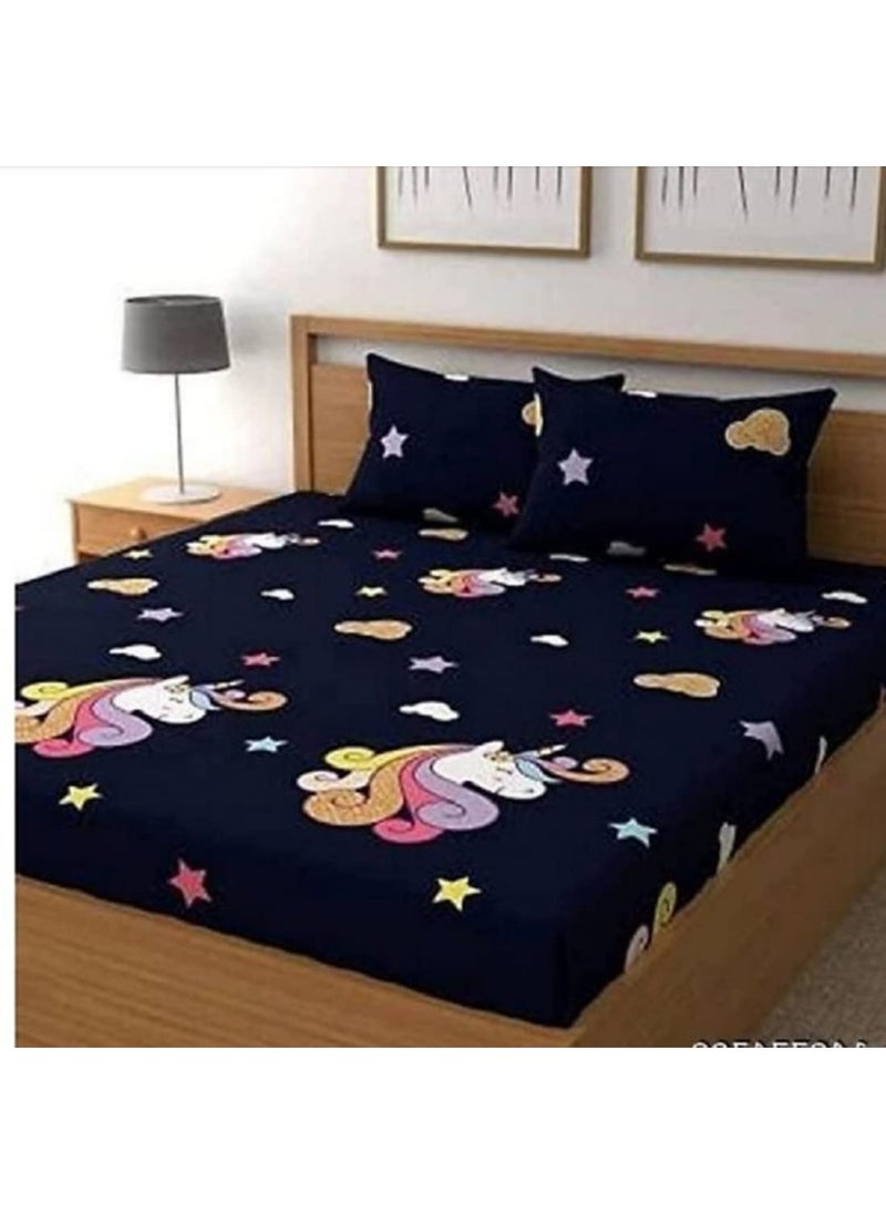 Delight Zone Prime Collection 160TC Supersoft Glace Cotton Elastic Fitted King Size Double Bedsheet with 2 Pillow Covers Multicolour Size 72 x 78 Inch Blue Unicorn 2 Fitted