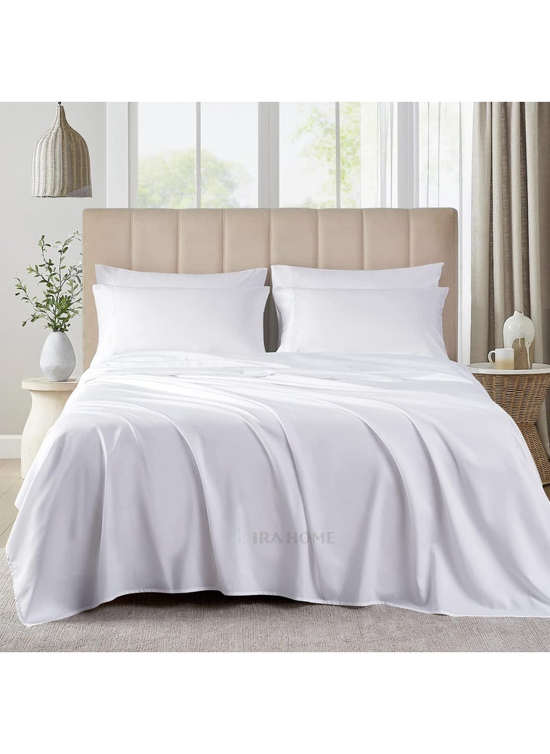 IRA HOME 100 Organic Bamboo 3Pieces Bed Sheet Set Viscose Derived from Bamboo Luxuriously Soft Cooling Double Stitching Pack of 3 1 Flat Sheet 2 Pillowcases White