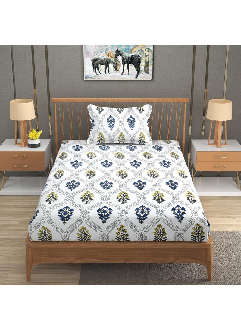 Real Dream Single Bedsheet Glace Cotton Elastic Fitted bedsheet for Single Bed Elastic Fitted with 1 Pillow Cover 48 x 72 x 6 Inches FlowerMulti