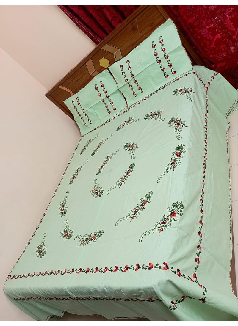 Global Trends India Handwork Embroidery Bedsheets 200 Thread Count Aqua Sea Green Color