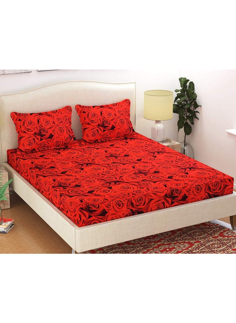 MORADO 3D Printed Glace Cotton 144 TC Double Bedsheet with 2 Pillow Covers 90X90 Inches Red Rose