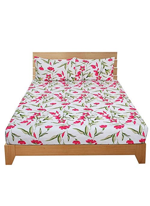 MORADO 3D Printed 144 TC Glace Cotton Double Bedsheet with 2 Pillow Covers White and Red 90X90 Inches