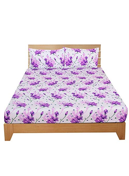 MORADO 3D Printed 144 TC Glace Cotton Double Bedsheet with 2 Pillow Covers White and Purple Flower 90X90 Inches