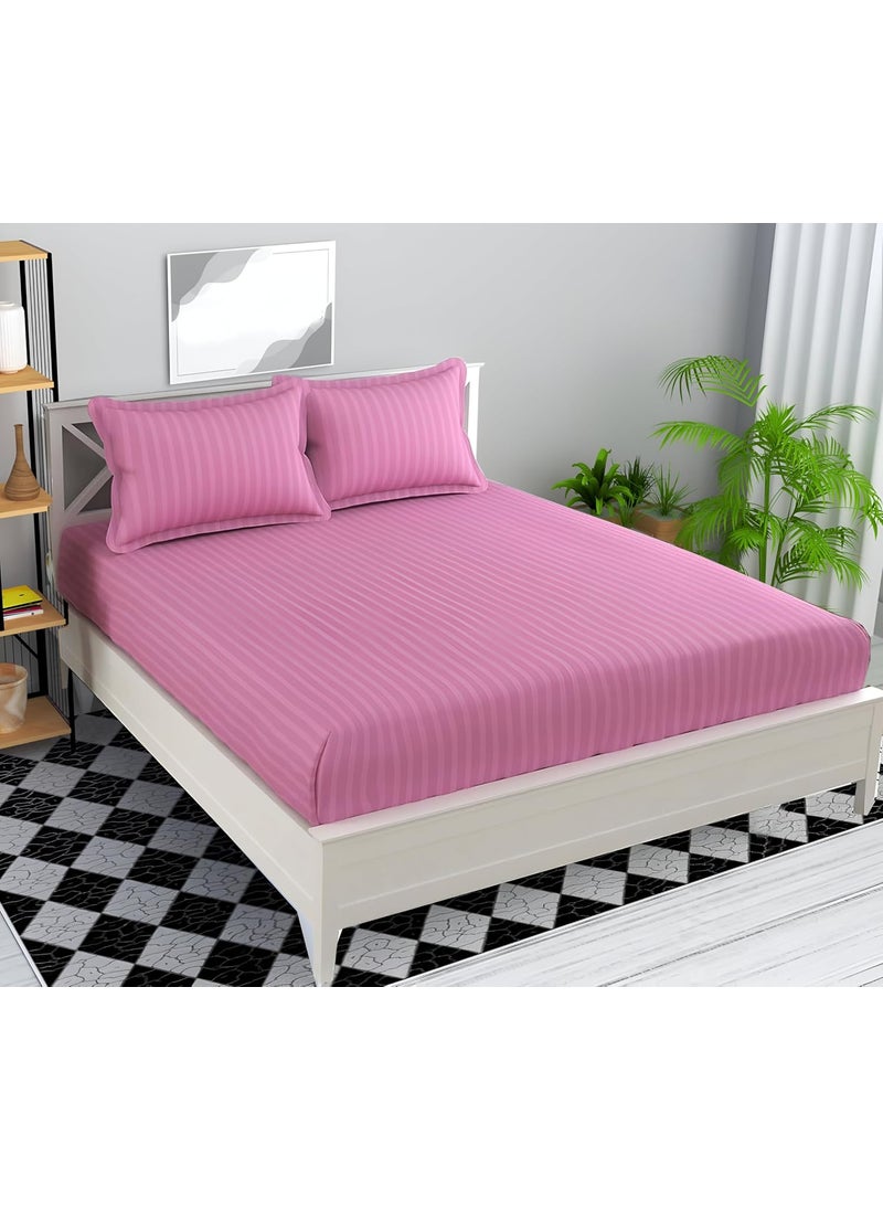 STARNSTYLE Microfiber Premium Elastic Fitted Striped Bedsheet with 2 Pillow Covers 78 x 72 King Size Pink