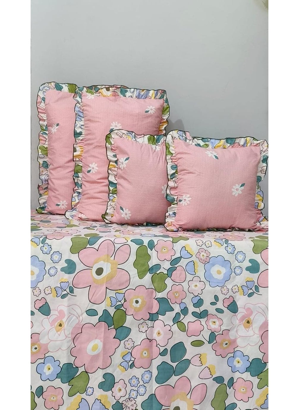 MORADO 5Pcs Bedding Set Frill Glace Cotton 210 TC Double Bed Size Bedsheet with 2 Pillow Covers and 2 Filled Cushions 108x108 Inch Pink Offwhite