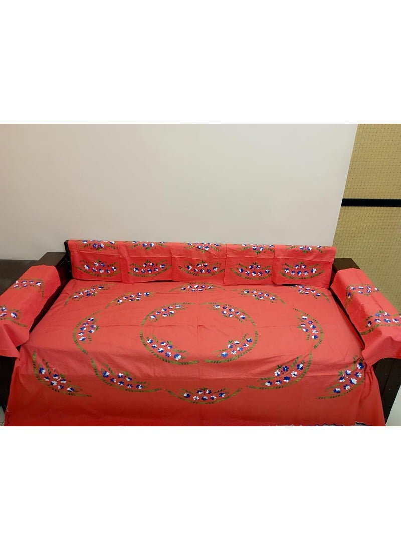 Global Trends India Nice Things Cotton Embroidered Diwan Set with 5 Cushion Covers and 2 Bolster Covers One Single Bedsheet Pack of 8 Orange Color 01