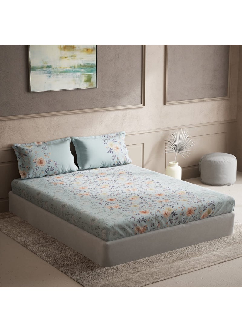 DDECOR Pack of 1 Pretty Garden Floral Cotton Double Bedsheet with 2 Pillow Covers Blue