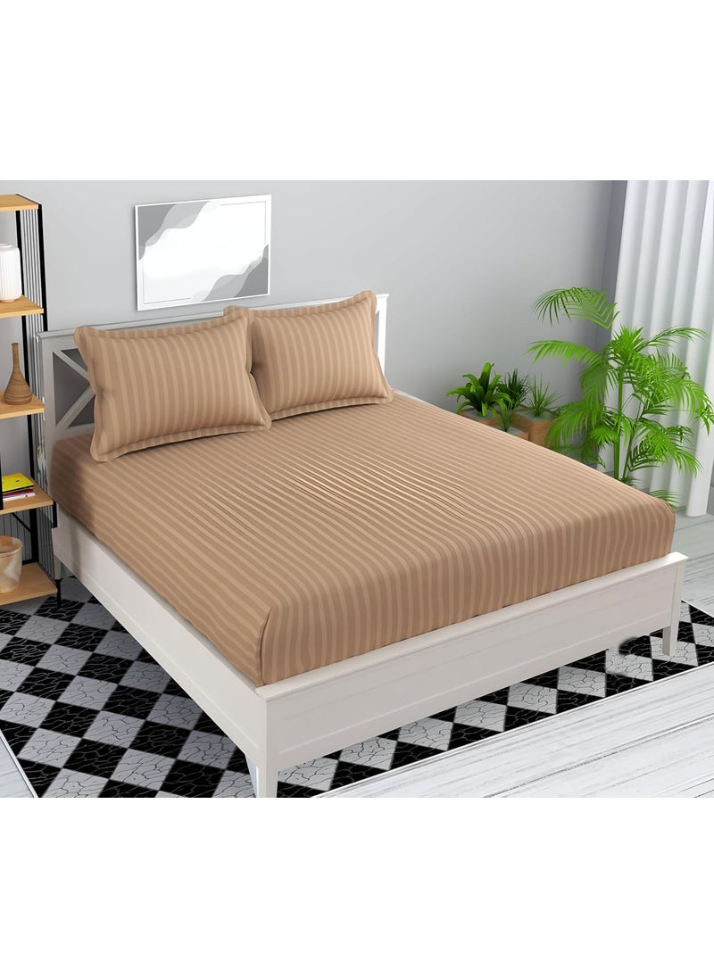 STARNSTYLE Microfiber Premium Elastic Fitted Striped Bedsheet with 2 Pillow Covers 78 x 72 King Size Beige