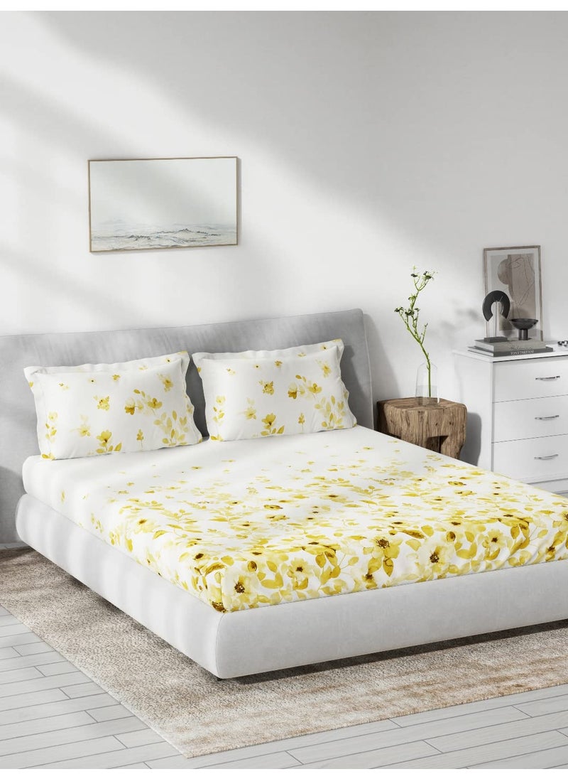 DDECOR Pack of 1 Floral Double Bedsheet with 2 Pillow Covers Yellow