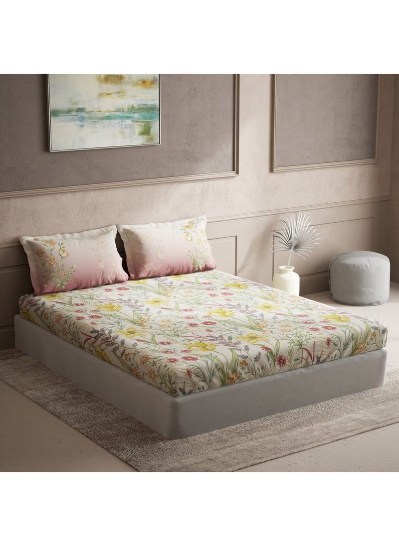 DDECOR Pack of 1 Lilly Floral Cotton Double Bedsheet with 2 Pillow Covers Yellow