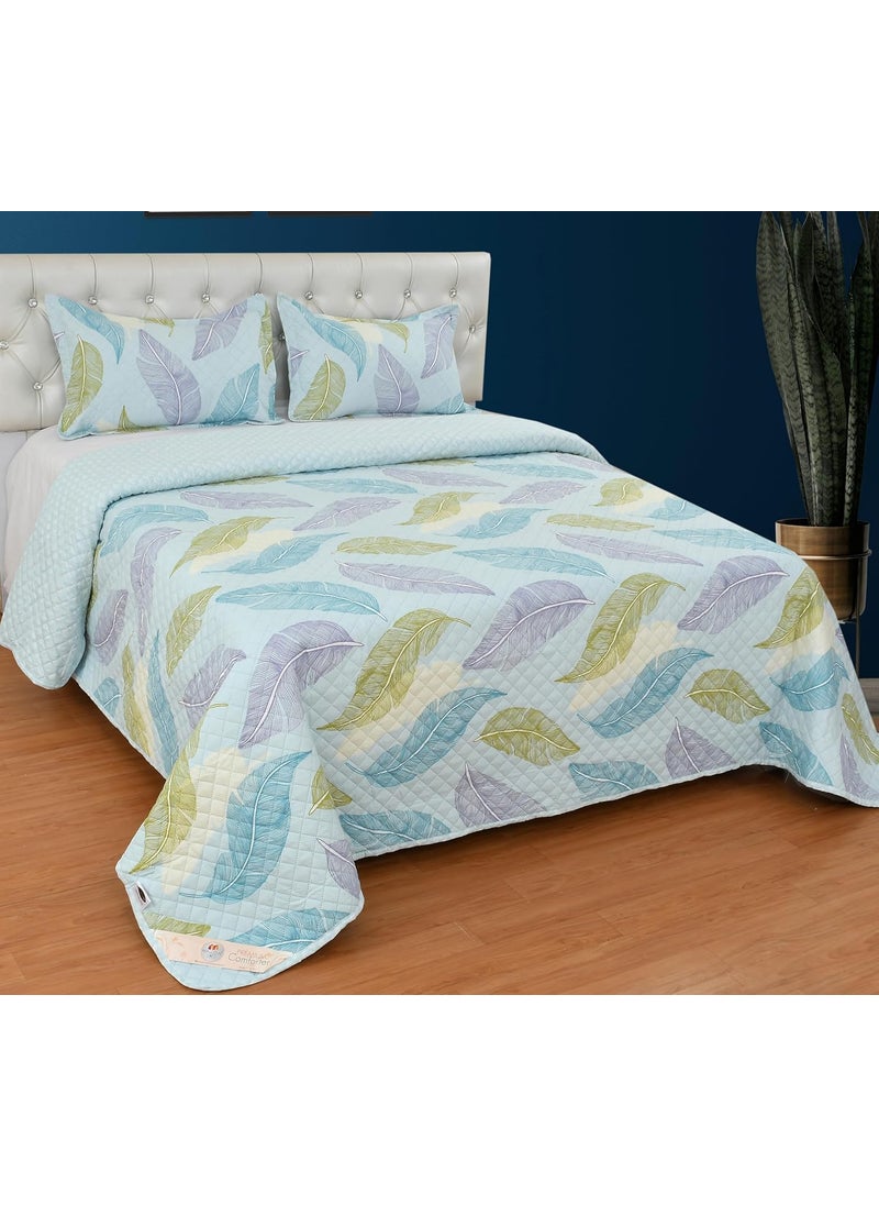 Fresh From Loom Ultrasonic 280 TC 100 Cotton Bedsheet King Size Double Bed Quilted All Season Flat Bed Sheet Supersoft Bedding Bedcover Set with 2 Pillow Covers 90x100 inches LeafSkyBlue