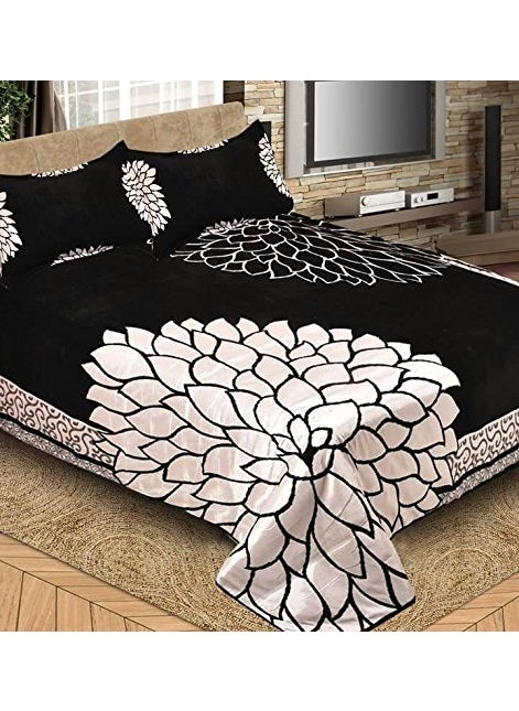 FRESH FROM LOOM Floral Chenille Velvet 500 TC Double Bed King Size Bedsheet Black 90x100 Inch 1 Bedsheet with 2 Pillow Cover