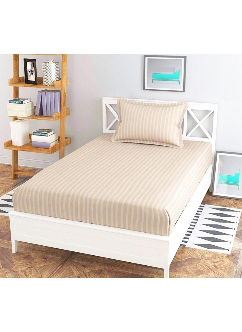 DECOR2ADMIRE 300 TC Glace Cotton All Round Elastic Fitted Plain Stripe Single Bedsheet with 1 Pillow Cover for Home Pg Room Hotels Hostels Fits up to 6 inches Mattress 60 x 90 Beige