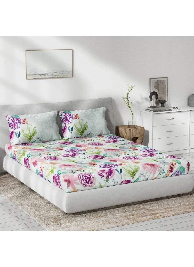 DDECOR Pack of 1 Summer Blooms Floral Cotton Double Bedsheet with 2 Pillow Covers Pink