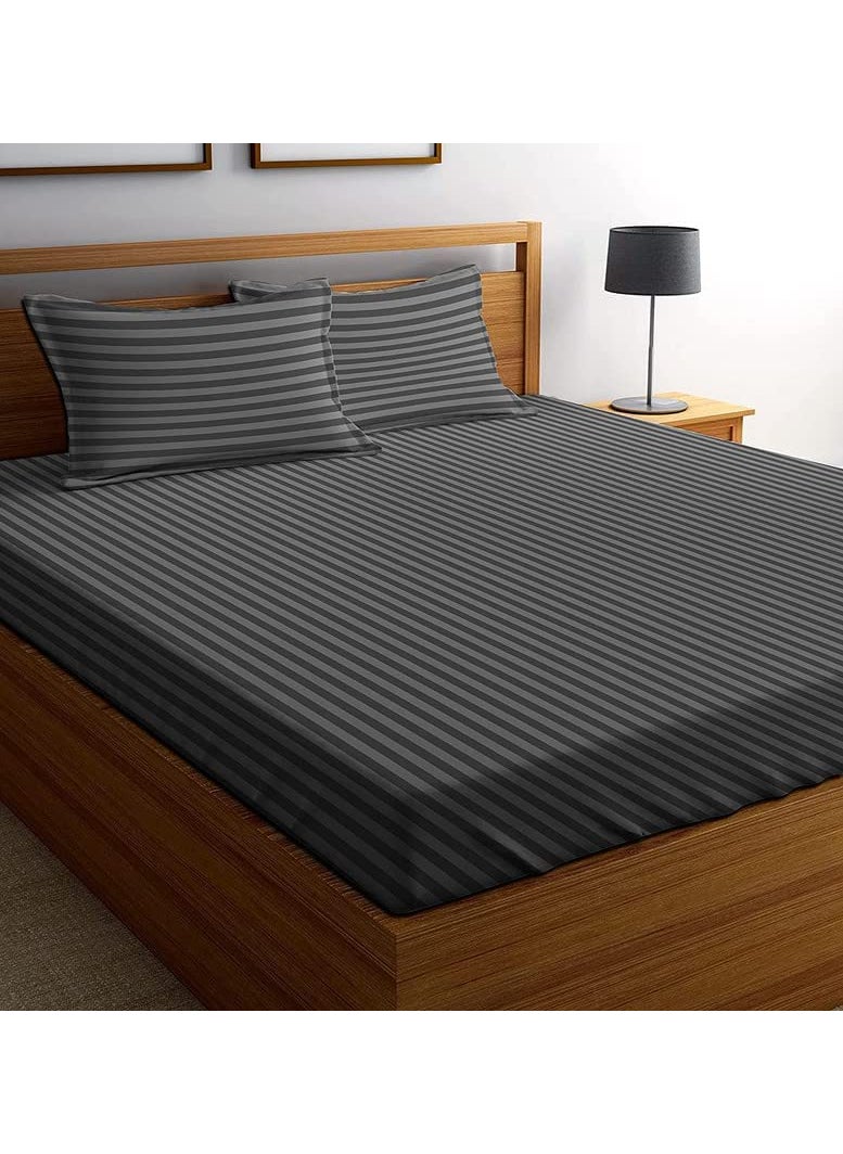 Castiqa Elastic Fitted Satin Premium Polycotton 200TC King Size Stripes Pattern Bedsheets with Pillow Covers Queen Size 60x78 Gray