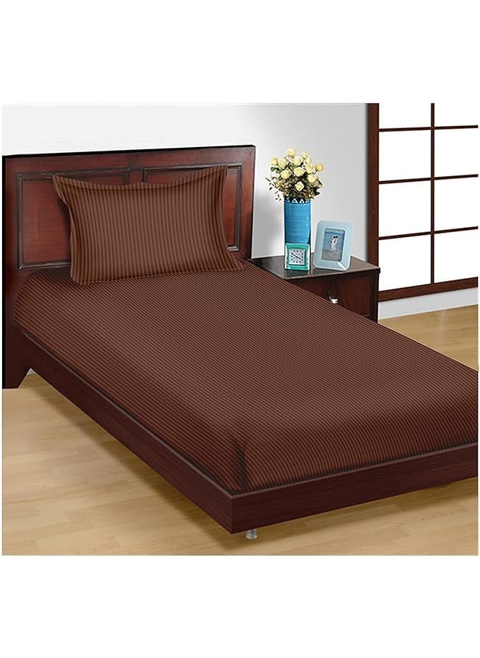DECOR2ADMIRE 300 TC Glace Cotton All Round Elastic Fitted Plain Stripe Single Bedsheet with 1 Pillow Cover for Home Pg Room Hotels Hostels Fits up to 6 inches Mattress 60 x 90 Brown