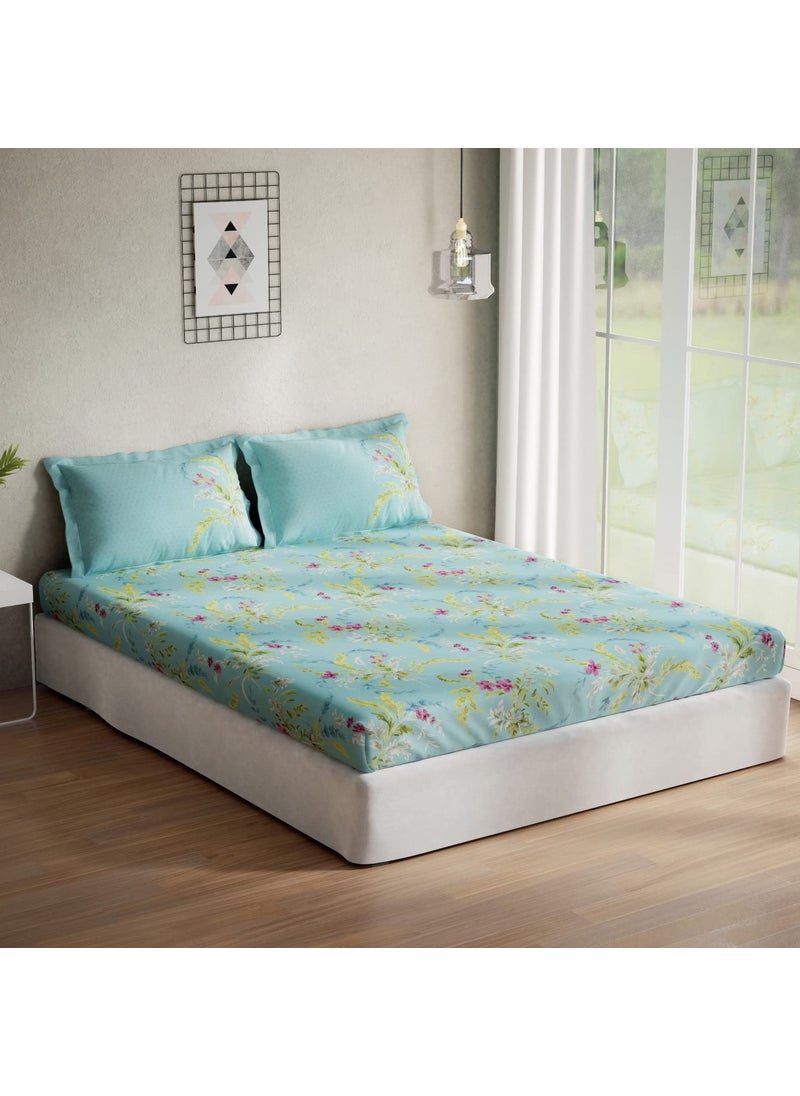 DDECOR Pack of 1 Viola Floral Cotton Double Bedsheet with 2 Pillow Covers Blue